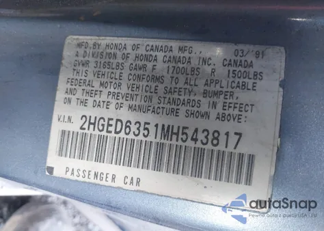 1991 Honda Civic Dx из США, поврежденный, VIN 2HGED6351MH543817